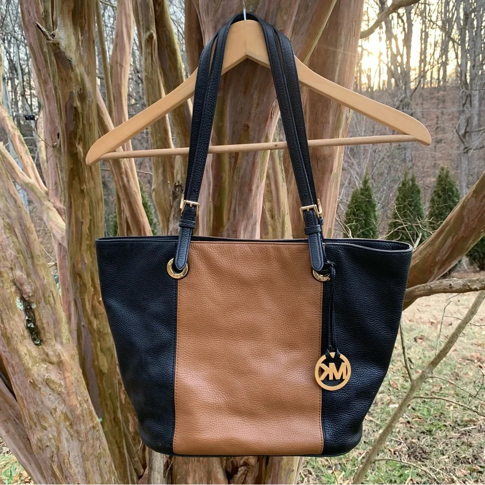 Michael Kors Large Pebble Leather Color Block Shoulder Bag in Black/Tan